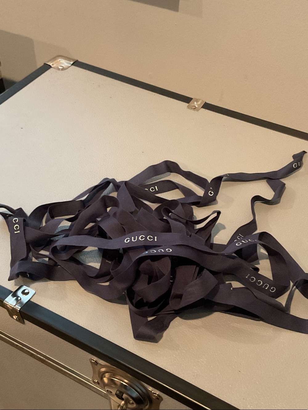 Gucci Navy Branded Satin Logo Ribbon Strips